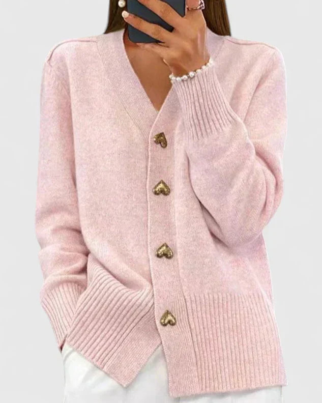 Odette | Women's V-Neck Cashmere Cardigan with Gold Heart Buttons