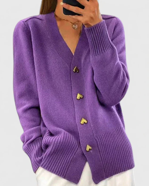 Odette | Women's V-Neck Cashmere Cardigan with Gold Heart Buttons