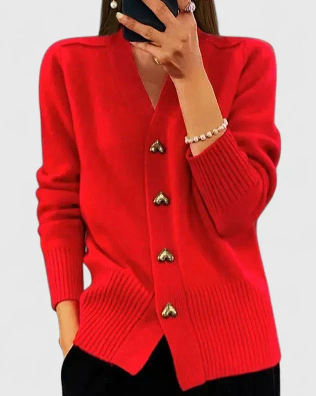 Odette | Women's V-Neck Cashmere Cardigan with Gold Heart Buttons