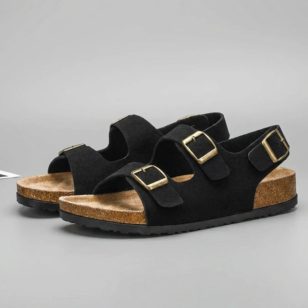 Suede Double Buckle Strap Cork Footbed Slingback Sandal