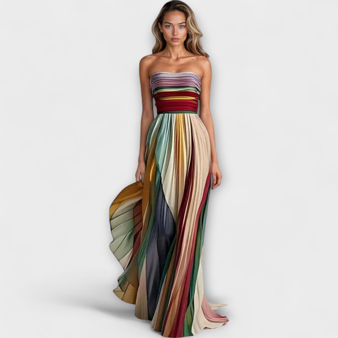 Women's Striped Strapless Maxi Dress Pleated Evening Gown Formal