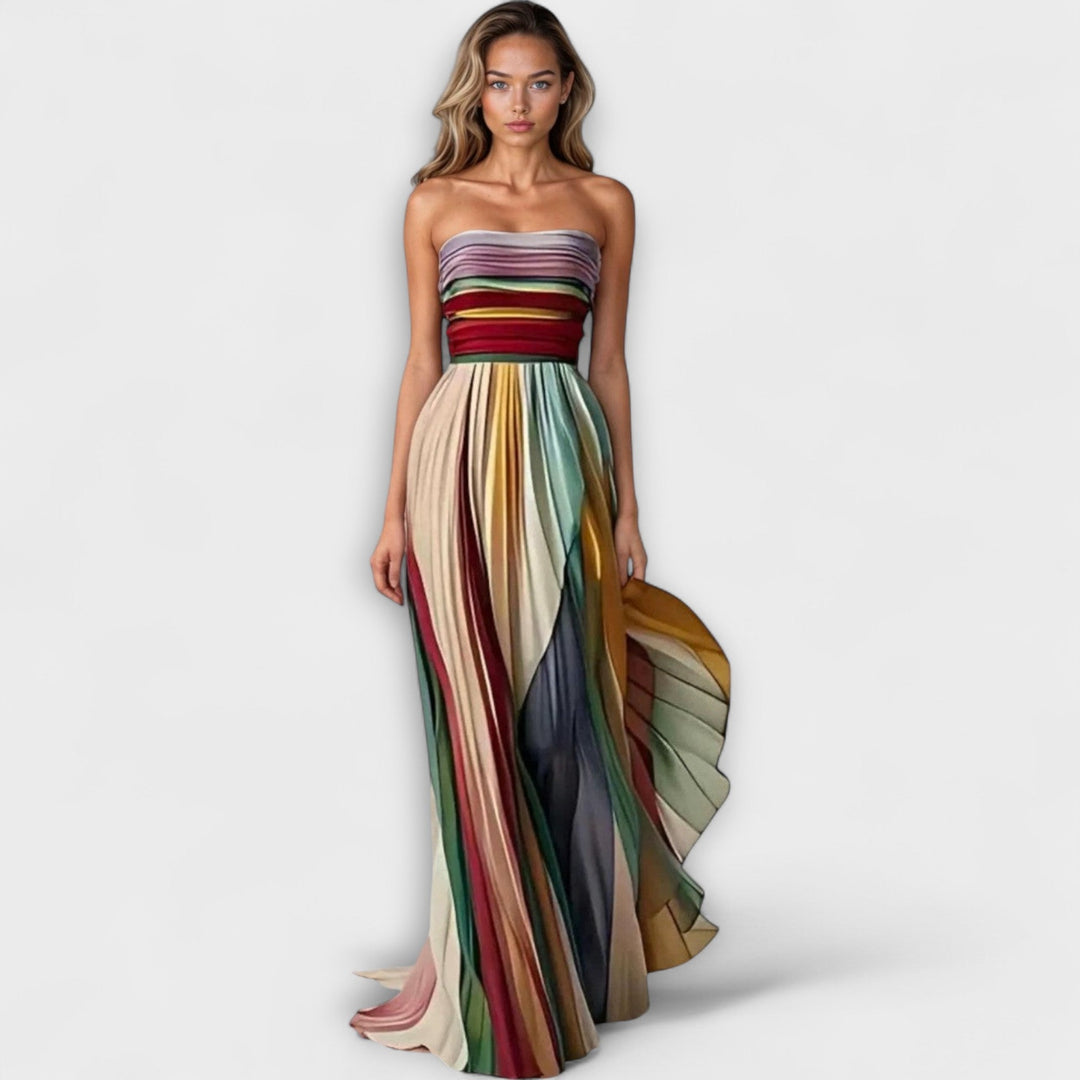 Women's Striped Strapless Maxi Dress Pleated Evening Gown Formal