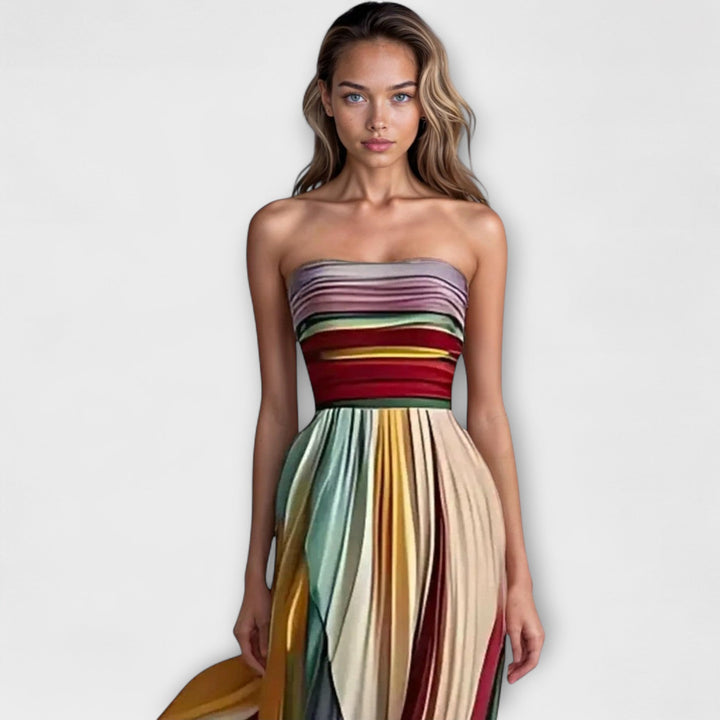 Women's Striped Strapless Maxi Dress Pleated Evening Gown Formal