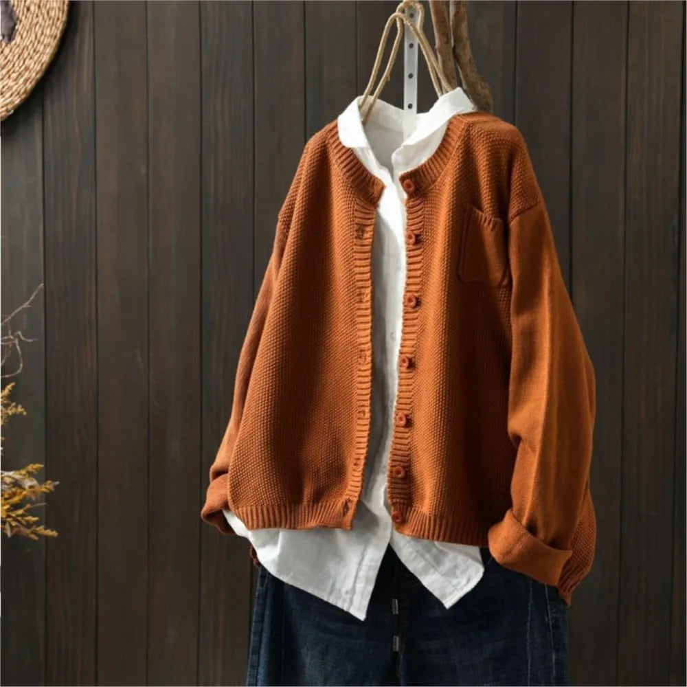 Genevieve | Women's Crew Neck Cardigan with Chest Pocket