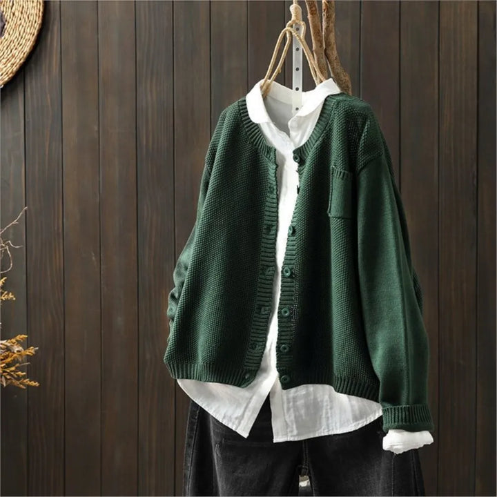 Genevieve | Women's Crew Neck Cardigan with Chest Pocket