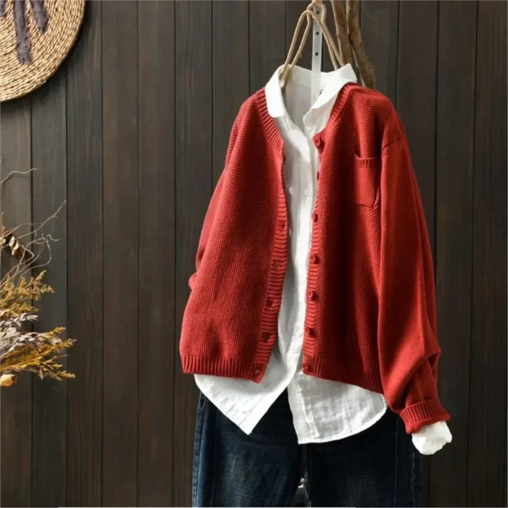Genevieve | Women's Crew Neck Cardigan with Chest Pocket