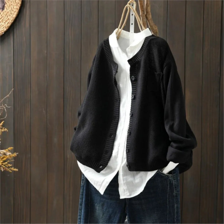 Genevieve | Women's Crew Neck Cardigan with Chest Pocket