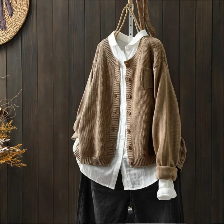 Genevieve | Women's Crew Neck Cardigan with Chest Pocket