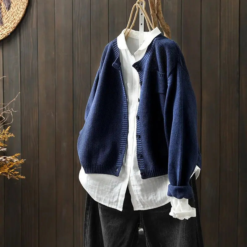 Genevieve | Women's Crew Neck Cardigan with Chest Pocket
