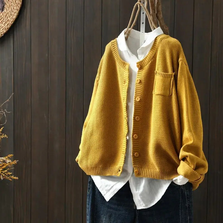 Genevieve | Women's Crew Neck Cardigan with Chest Pocket