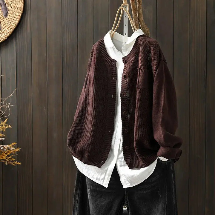 Genevieve | Women's Crew Neck Cardigan with Chest Pocket