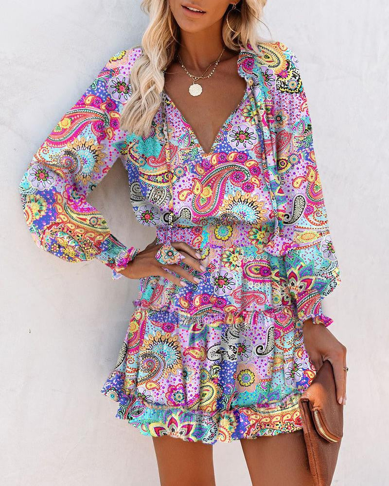 Floral V Neck Long Sleeve Smocked Waist Ruffle Hem Mini Dress