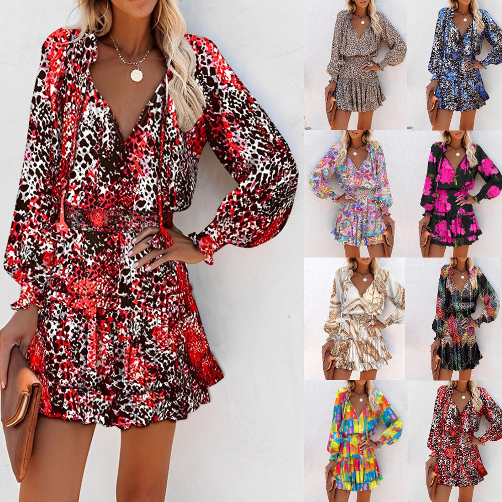 Floral V Neck Long Sleeve Smocked Waist Ruffle Hem Mini Dress