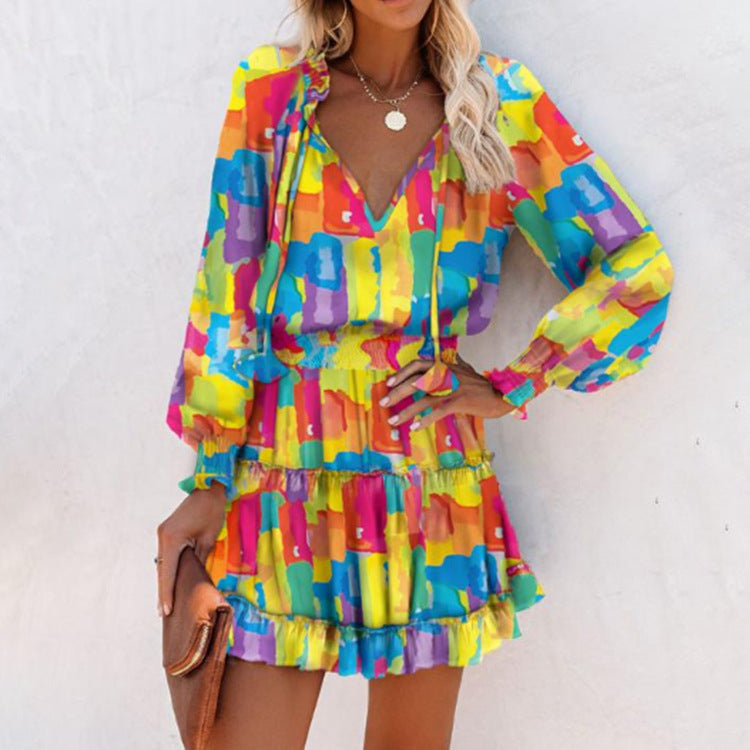 Floral V Neck Long Sleeve Smocked Waist Ruffle Hem Mini Dress