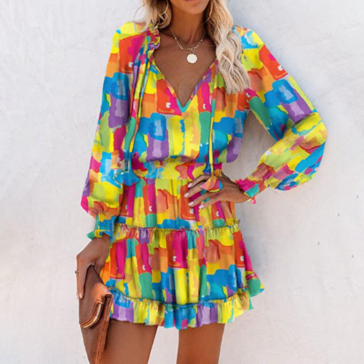 Floral V Neck Long Sleeve Smocked Waist Ruffle Hem Mini Dress