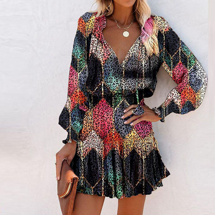 Floral V Neck Long Sleeve Smocked Waist Ruffle Hem Mini Dress