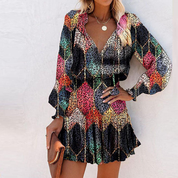Floral V Neck Long Sleeve Smocked Waist Ruffle Hem Mini Dress