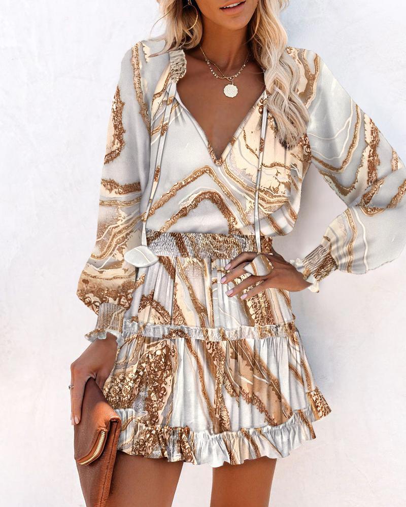Floral V Neck Long Sleeve Smocked Waist Ruffle Hem Mini Dress