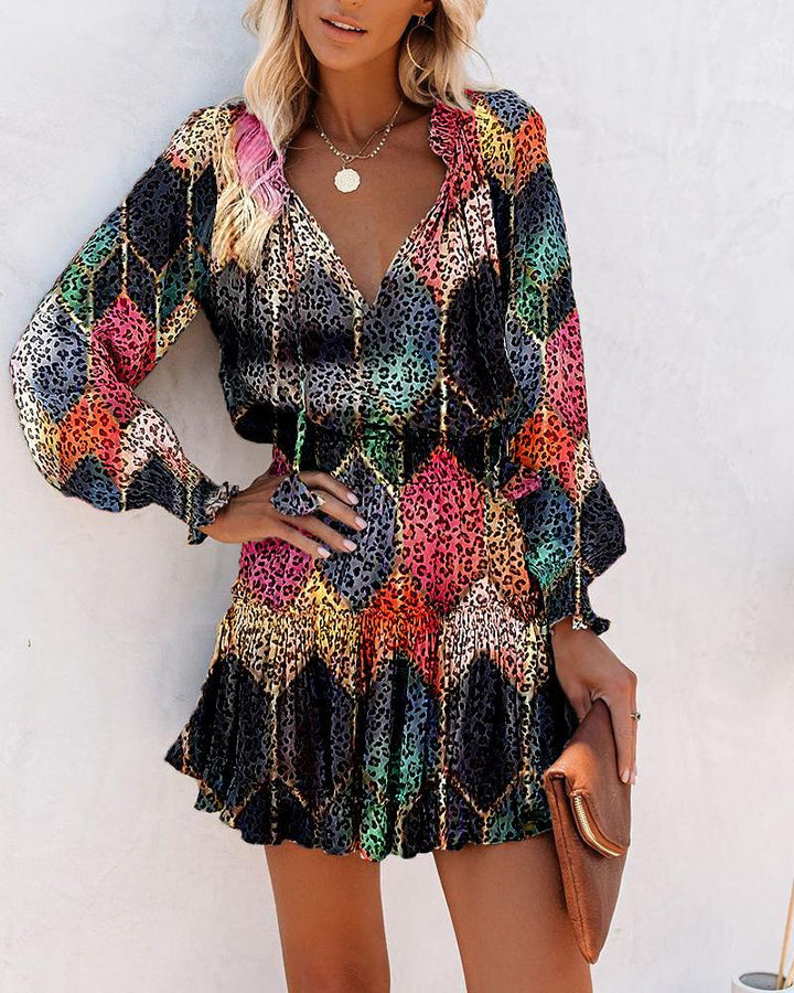 Floral V Neck Long Sleeve Smocked Waist Ruffle Hem Mini Dress