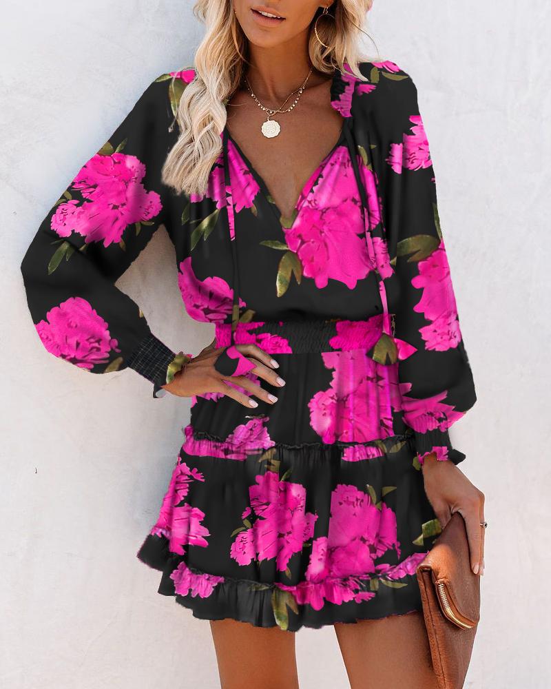 Floral V Neck Long Sleeve Smocked Waist Ruffle Hem Mini Dress