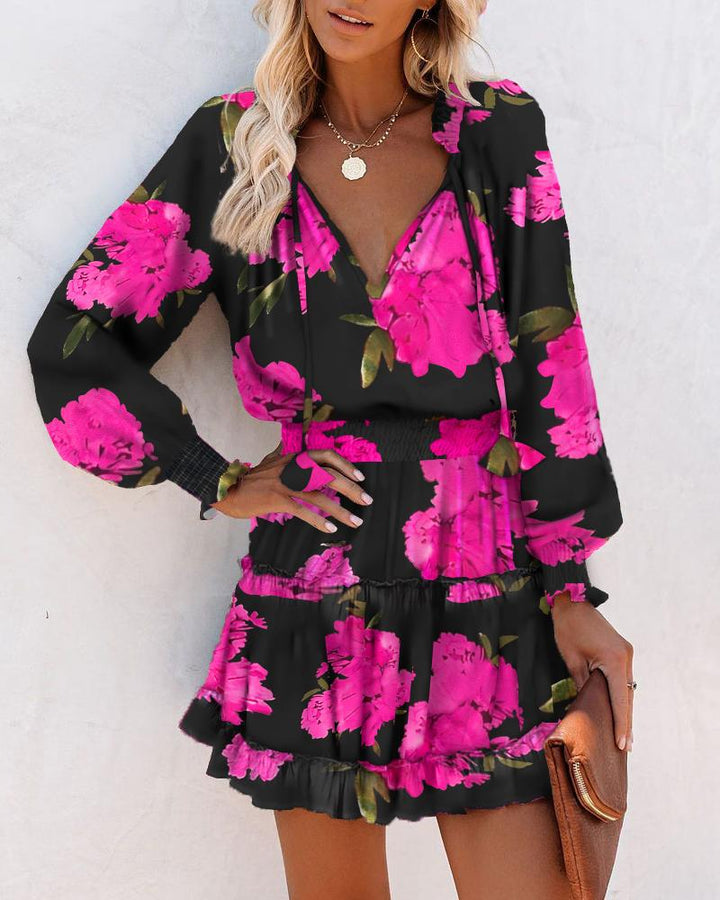 Floral V Neck Long Sleeve Smocked Waist Ruffle Hem Mini Dress