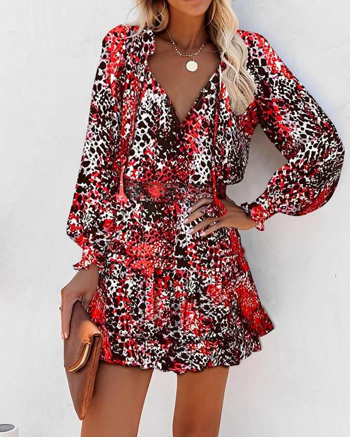 Floral V Neck Long Sleeve Smocked Waist Ruffle Hem Mini Dress