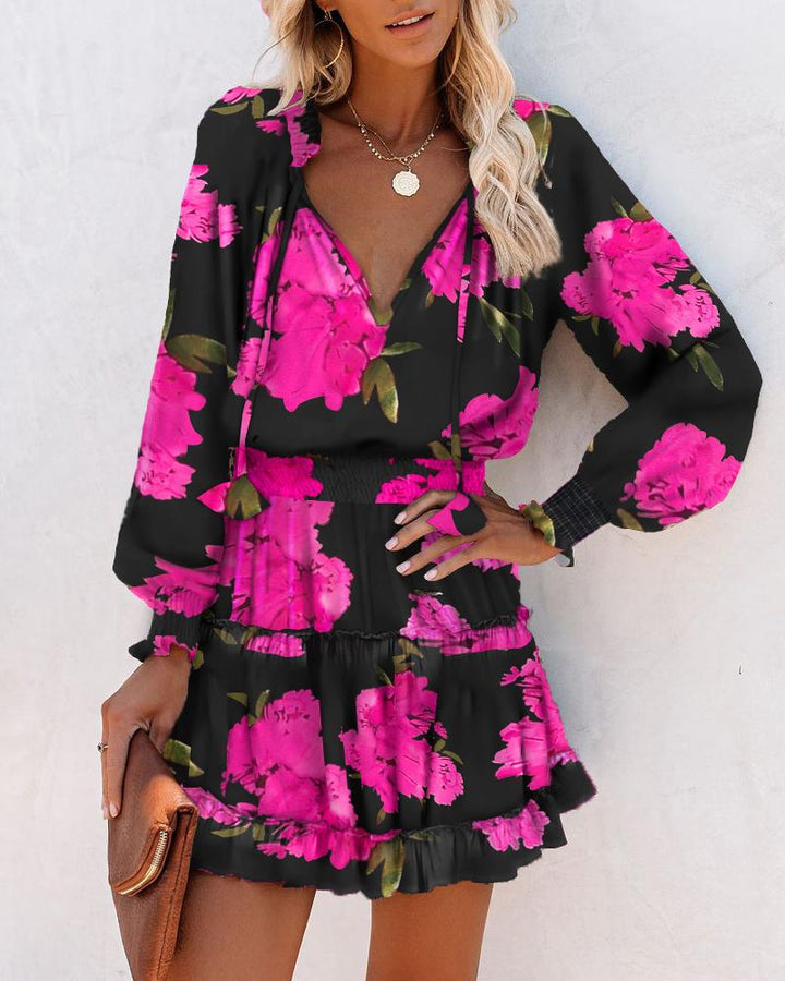 Floral V Neck Long Sleeve Smocked Waist Ruffle Hem Mini Dress