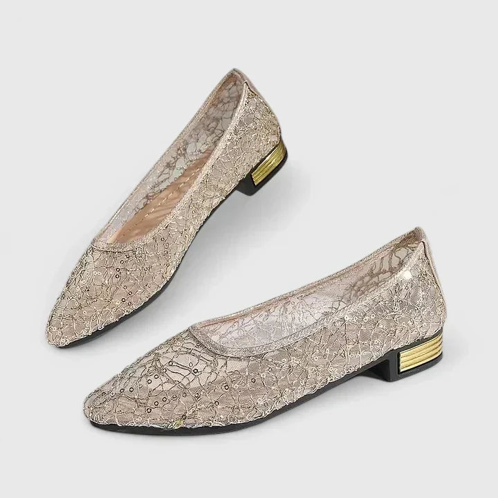 Metallic Lace Mesh Pointed Toe Gold Heel Ballet Flat