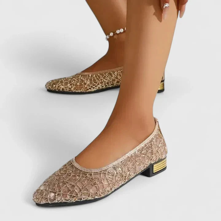 Metallic Lace Mesh Pointed Toe Gold Heel Ballet Flat