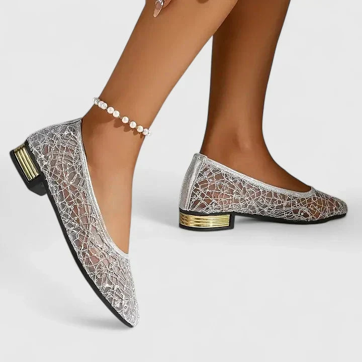 Metallic Lace Mesh Pointed Toe Gold Heel Ballet Flat
