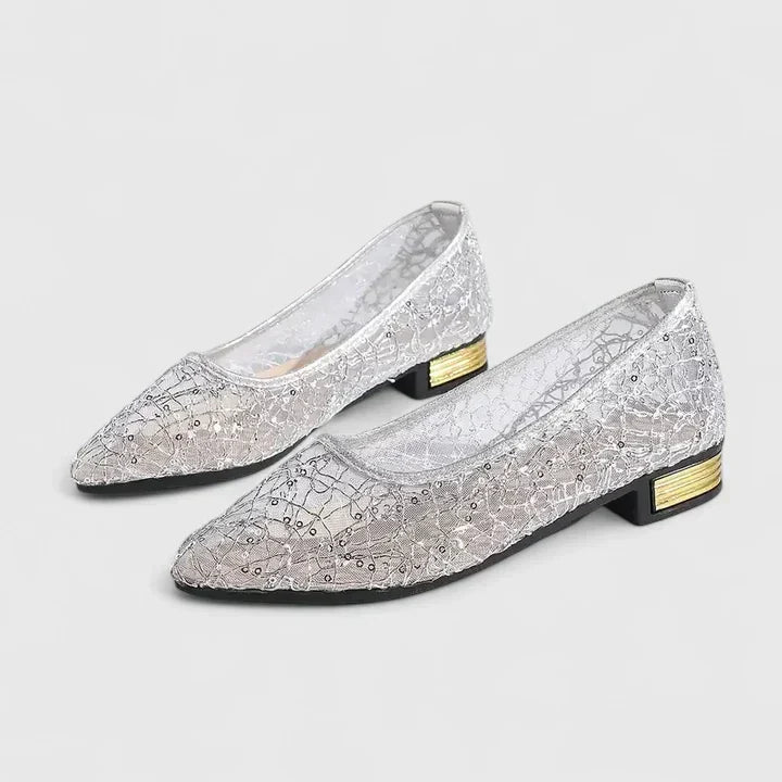 Metallic Lace Mesh Pointed Toe Gold Heel Ballet Flat