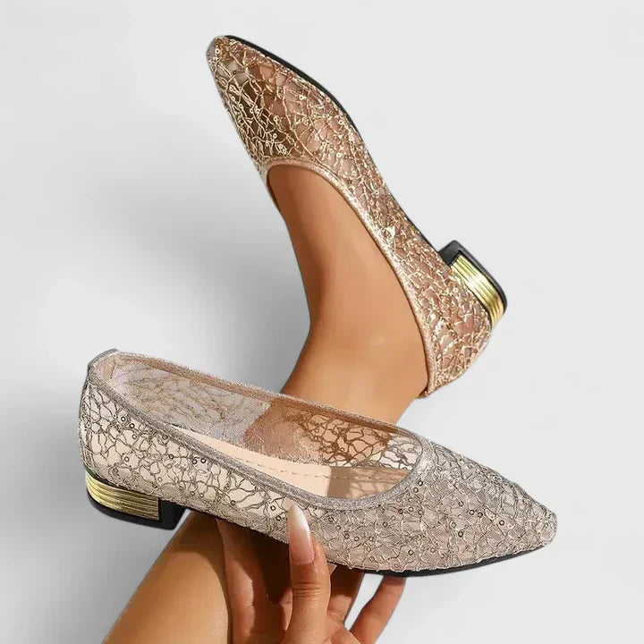 Metallic Lace Mesh Pointed Toe Gold Heel Ballet Flat