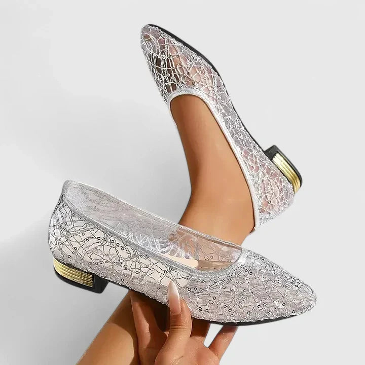 Metallic Lace Mesh Pointed Toe Gold Heel Ballet Flat