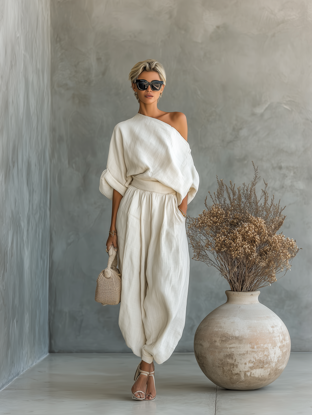 One Shoulder Draped Top and Wide Leg Linen Pant Set
