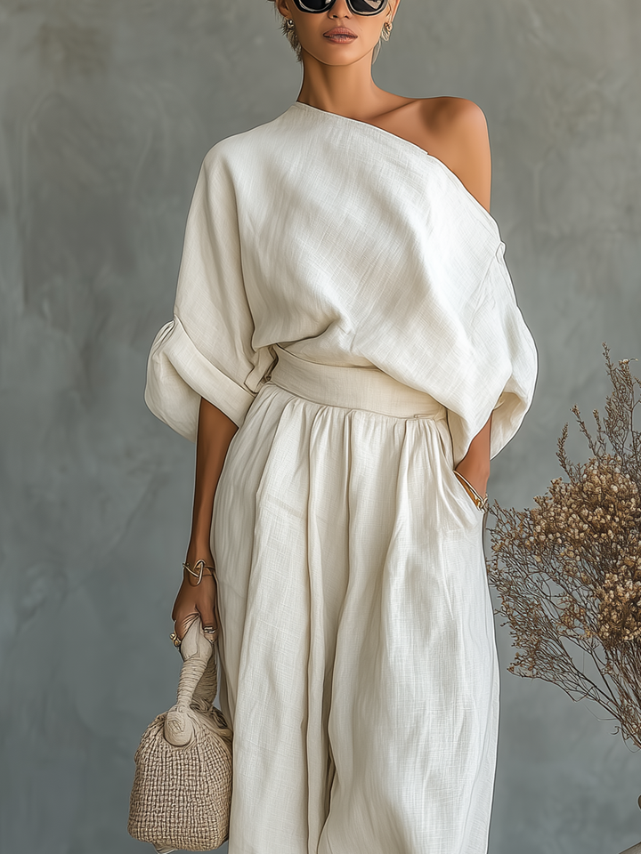 One Shoulder Draped Top and Wide Leg Linen Pant Set