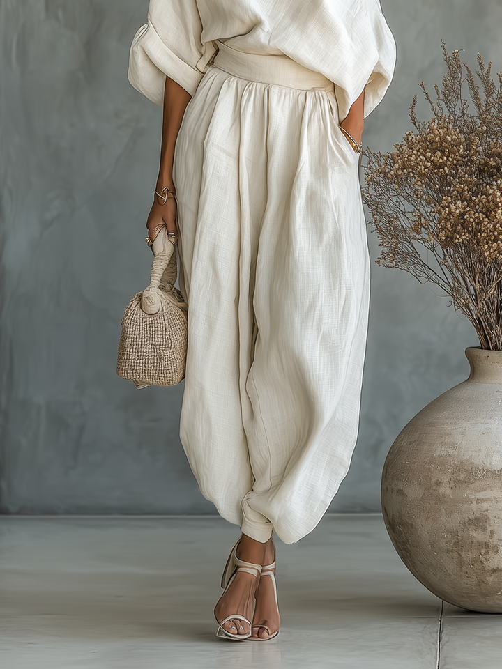One Shoulder Draped Top and Wide Leg Linen Pant Set