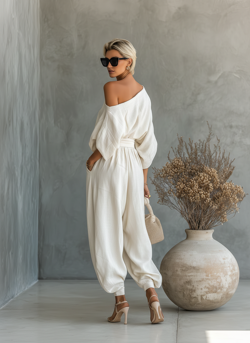 One Shoulder Draped Top and Wide Leg Linen Pant Set