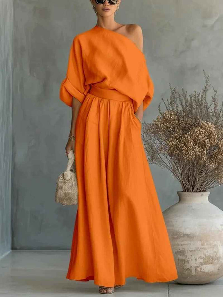 One Shoulder Draped Top and Wide Leg Linen Pant Set