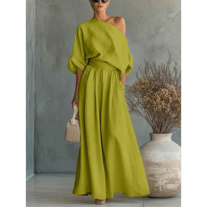 One Shoulder Draped Top and Wide Leg Linen Pant Set