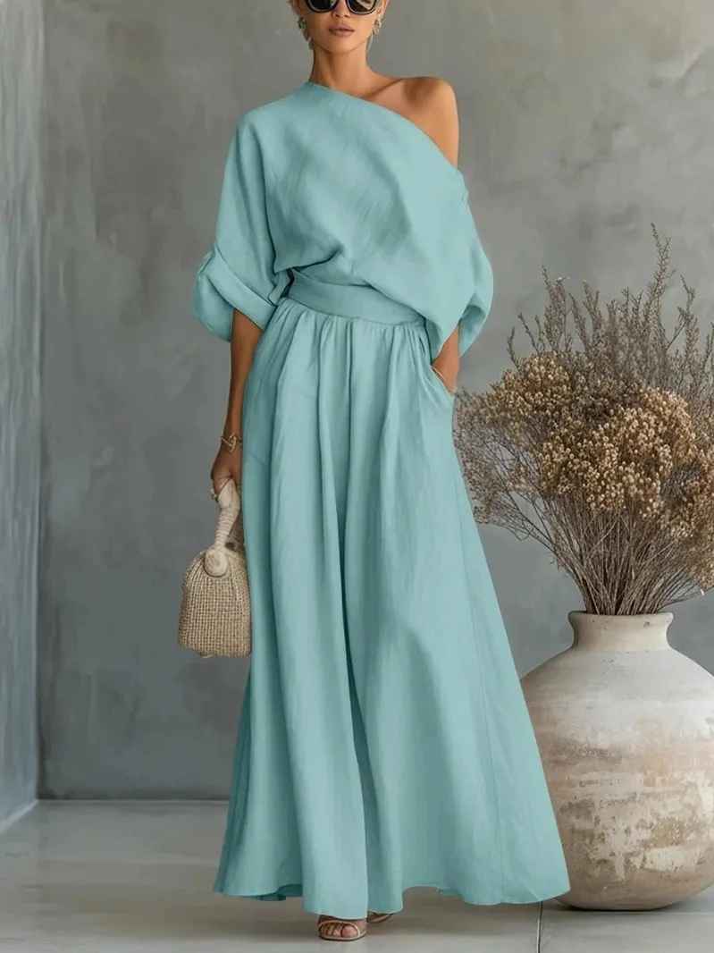 One Shoulder Draped Top and Wide Leg Linen Pant Set