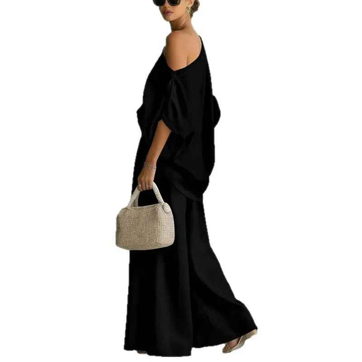 One Shoulder Draped Top and Wide Leg Linen Pant Set