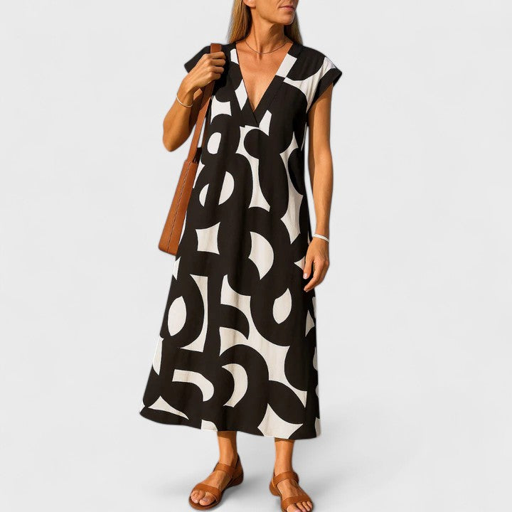 Abstract Print V Neck Midi Dress Loose Fit