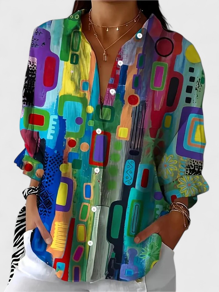 Abstract Geometric Print Long Sleeve Blouse Women