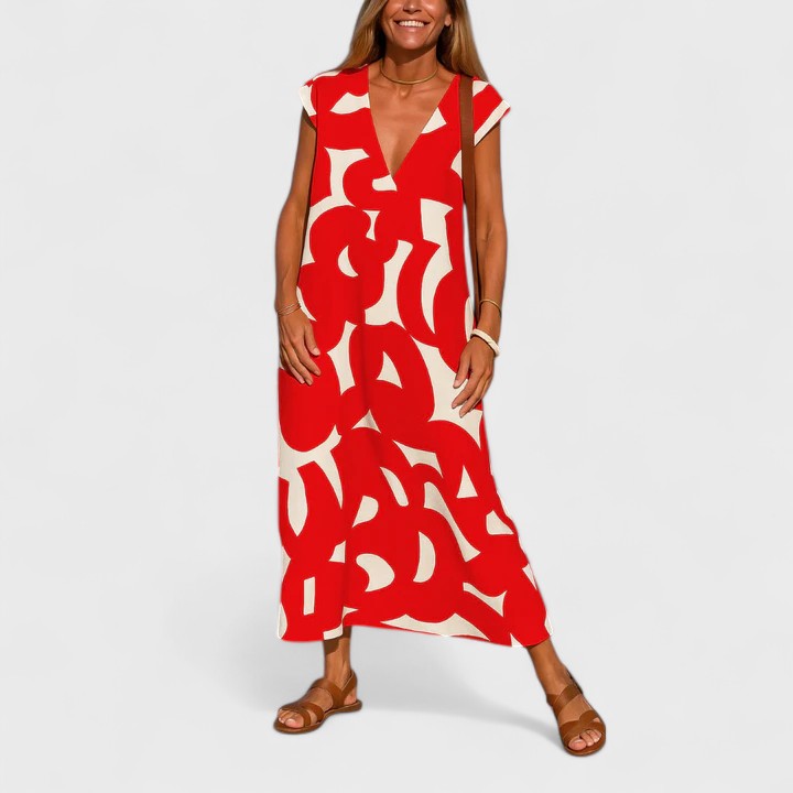 Abstract Print V Neck Midi Dress Loose Fit