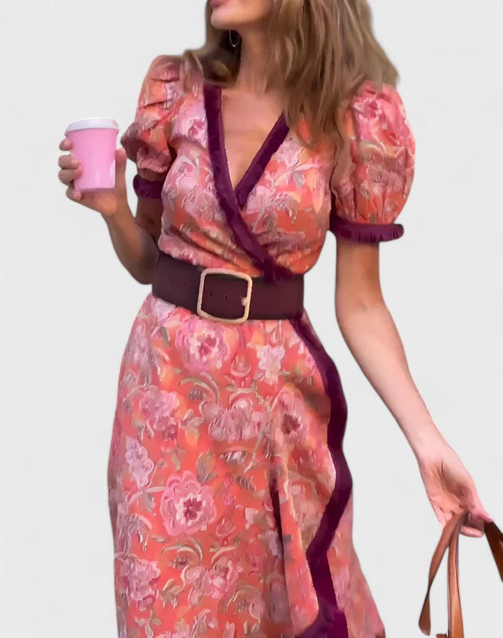 Floral Wrap Midi Dress Belted Puff Sleeve