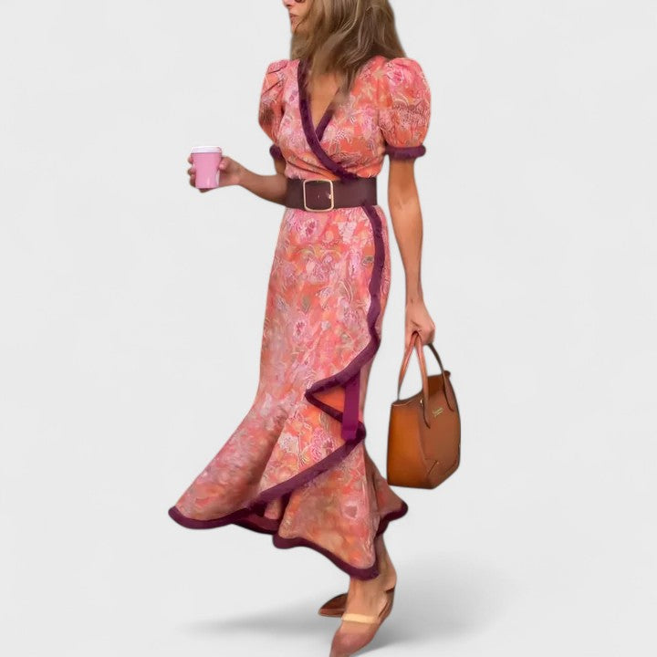 Floral Wrap Midi Dress Belted Puff Sleeve