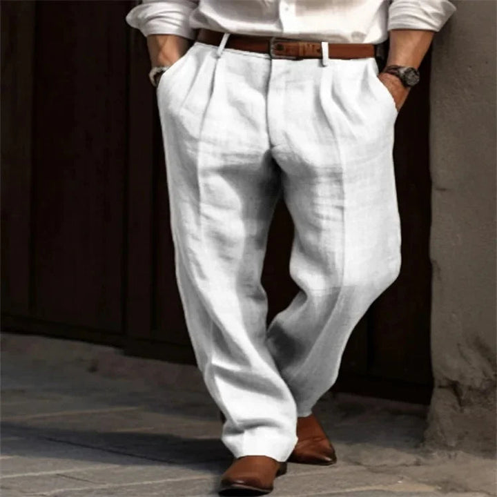 Pleated Front Relaxed Straight Leg Casual Linen Pant