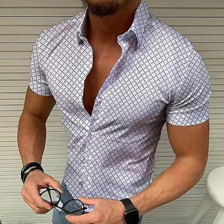 Micro Check Print Short Sleeve Muscle Fit Mens Casual Shirt
