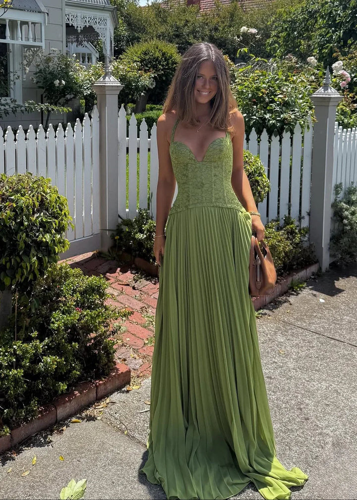 Lace Corset Pleated Maxi Dress - Wedding Guest