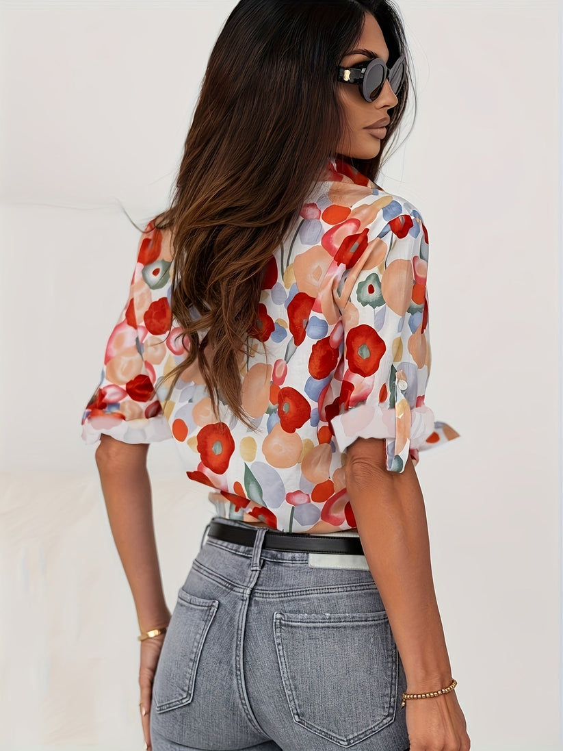 Abstract Floral Print Long Sleeve Relaxed Button Down Blouse